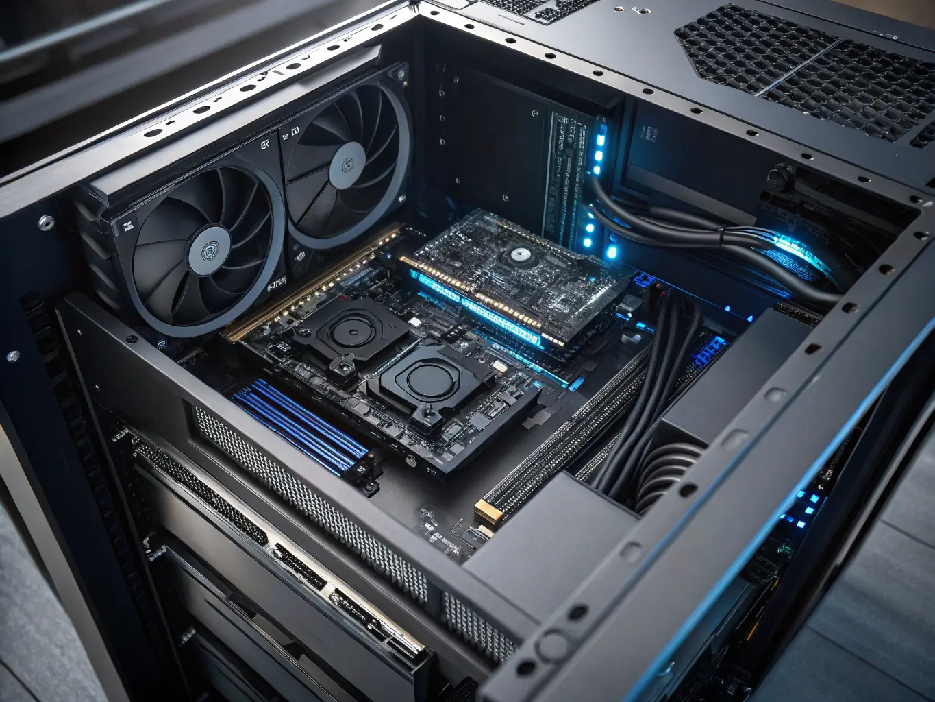 An image of a high-density GPU server rack with glowing lights, illustrating powerful computing hardware.