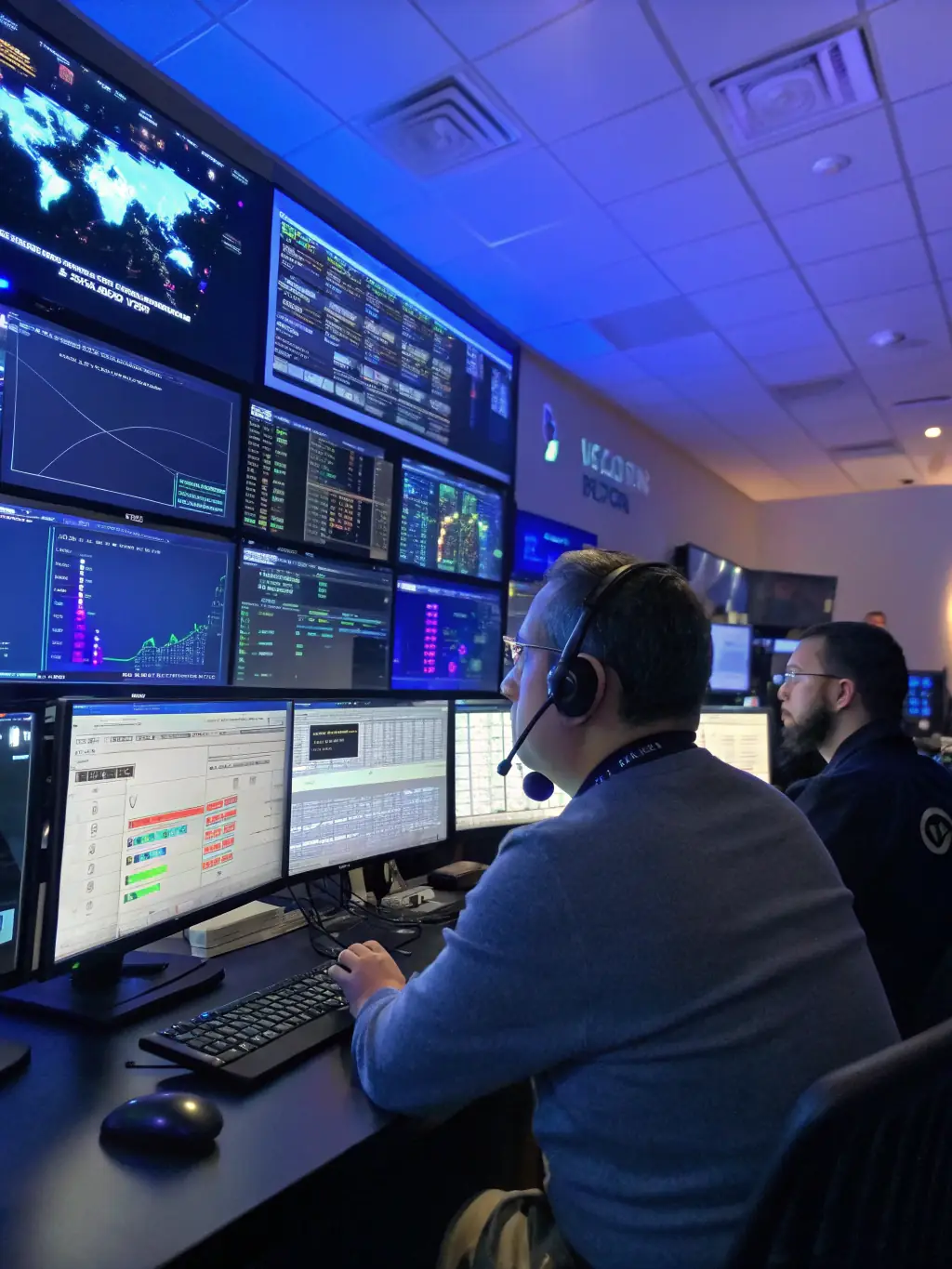 A high-resolution image of a network operations center (NOC) with multiple screens displaying network traffic, security alerts, and system performance metrics, highlighting FlyingMonkey's proactive monitoring and management capabilities.
