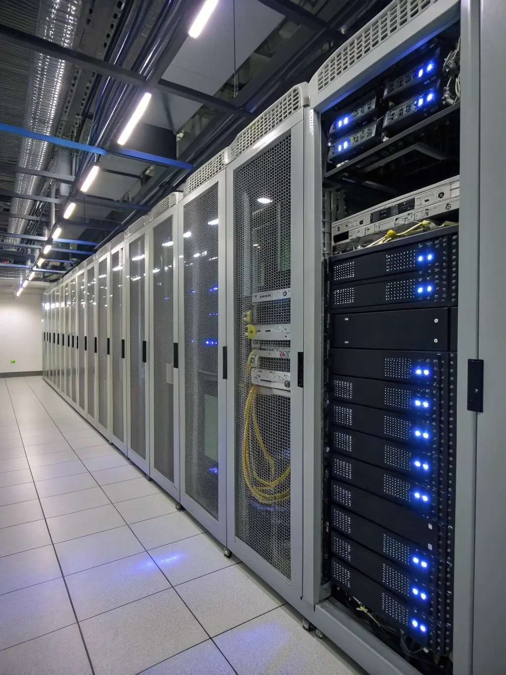 A detailed photograph of a state-of-the-art data center, showcasing rows of server racks, advanced cooling systems, and a clean, organized environment, emphasizing FlyingMonkey's commitment to high-quality infrastructure.