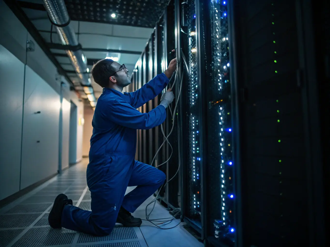 A photograph depicting an upgrade being performed on an existing server room, with technicians installing new, advanced AI hardware.