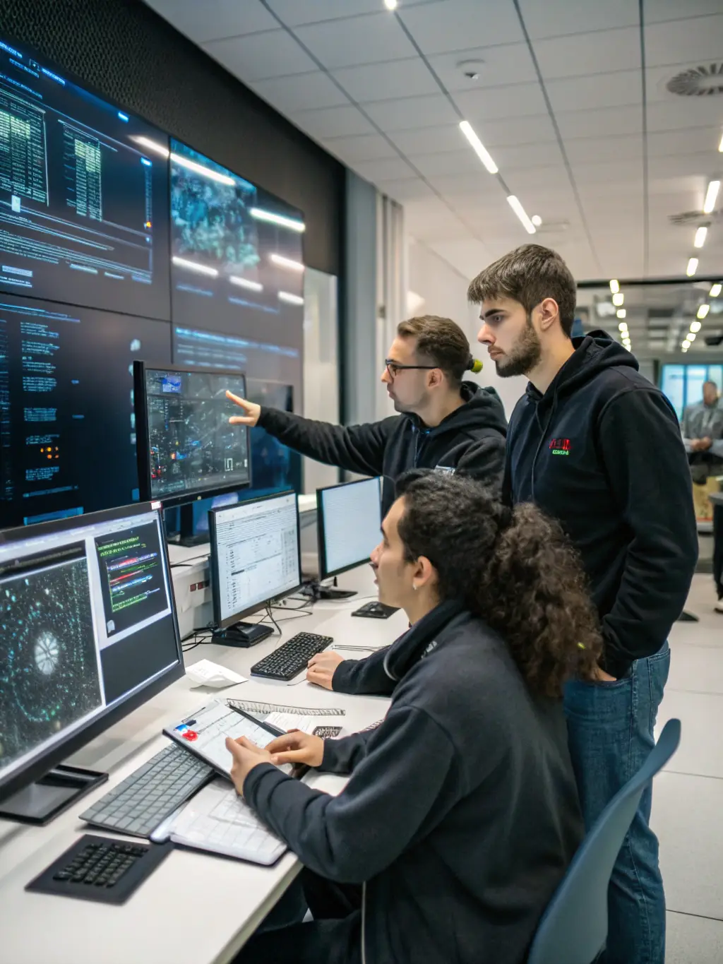 A team of data scientists working on a large-scale AI model training project, visualizing the power of AI computing.