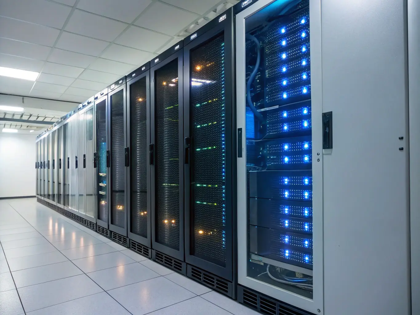 A high-performance GPU server rack in a data center, showcasing the power and scalability of FlyingMonkey's GPU Cloud Services.