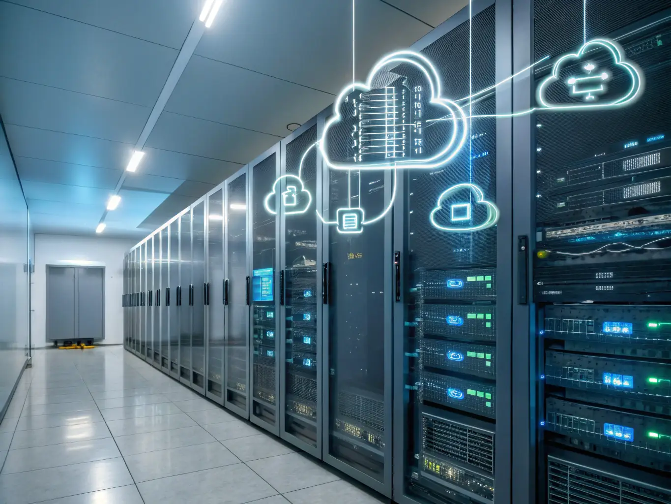 An infographic showing interconnected data center components like servers, networking, and storage.